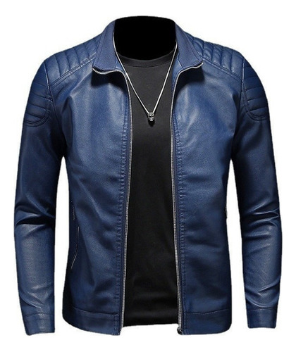 Chamarra Vini Piel Slim Fit Moda Hombre Tipo Biker Azul Sl8