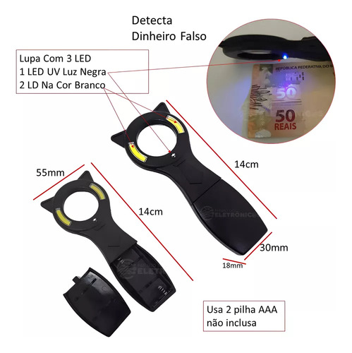 Lupa Portátil 5x Com Led Uv Para Identificar Falsificações