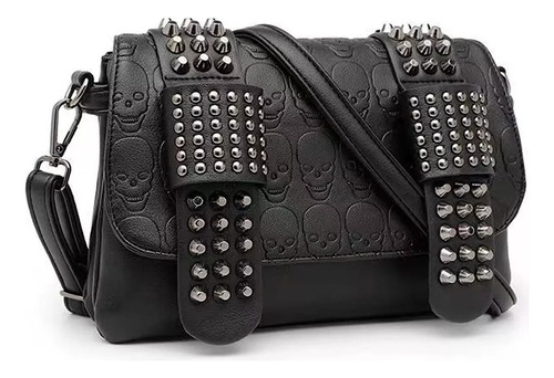 Bolso Bandolera Con Remaches De Calavera Punk, Mujer, Cadena Color Negro