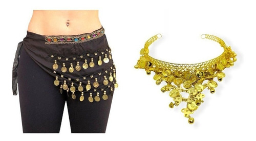 Kit Dança Do Ventre Cigana Tiara E Lenço De Moedas Com Pedra Cor Preto
