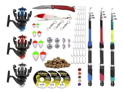 Kit De Pesca C/ 3 Varas Telescópicas 3 Molinetes+ Acessórios