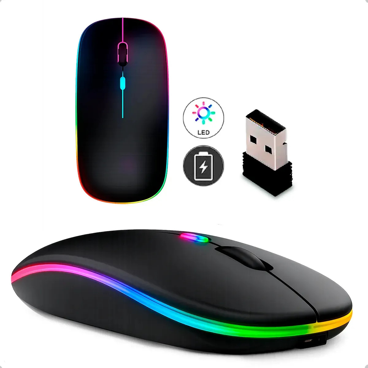 Mouse Sem Fio Recarregável Wireless Optico Led Rgb Ergonômico Sem Fio Para Pc Desktop Notebook Tablet Smartphone Homeroarte Preto