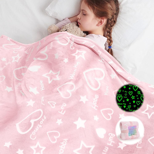 ~? Glow In The Dark Blanket Pink Stars Heart Gifts For Girls
