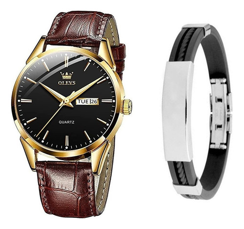 Relógio Masculino Casual De Luxo Dourado Social + Pulseira Correia Marrom Fundo Preto