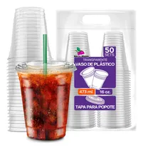 Comprar Berry Bloom 50 Vasos Desechables con Tapa para Popote de 16 oz (473 ml) Plástico PET Transparente y Resistente para Bebidas Frías