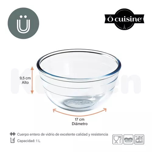 Ô cuisine - Bol de vídrio, capacidad 1 litro, cuenco apilable, mezclas,  cocina, repostería, ensaladas, dimensiones 10 x 17 x 6 c