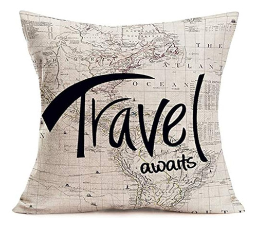 Fukeen Travel Awaits Throw Pillow Cover World Map With Quote