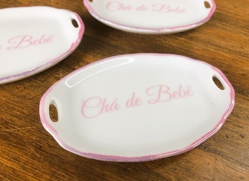 Kit 4 Bandejinha Porcelana Porta Anel Chá De Bebe Rosa