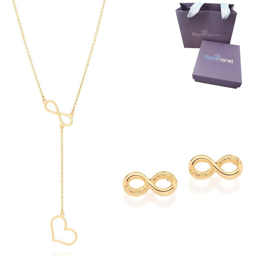 Conjunto Colar + Brinco Infinito Rommanel Banhado A Ouro 18k