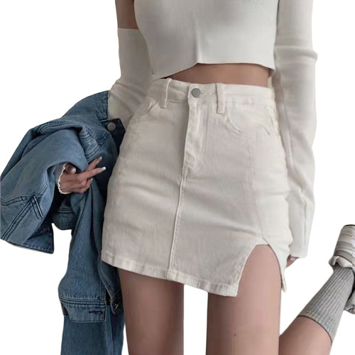 Minifalda De Mezclilla Delgada De Cintura Alta Con Abertura