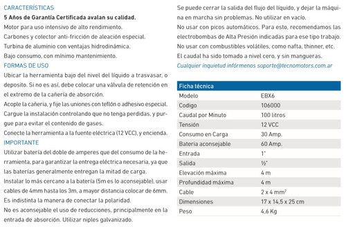 Imagen 2 de 5 de Electrobomba 12v Cc Ebx6 - 100 Litros/min