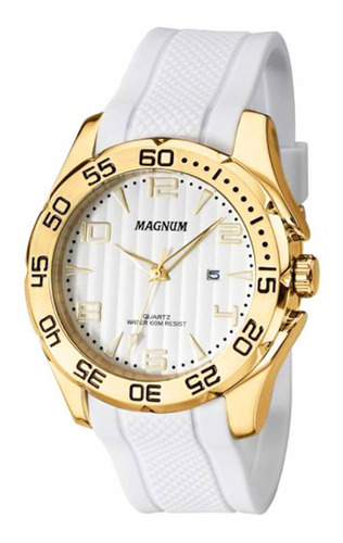 Relógio Magnum Masculino Dourado Silicone Branco Ma31702b