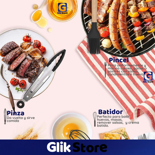 Set Kit X12 Utensillos De Cocina Silicona Mango Madera Rosa