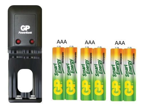 Cargador + 6 Baterías Pilas Recargables Aaa Marca Gp