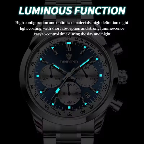 Reloj Binbond B380 Fondo Negro Acero Inoxidable Malla Silver Malla Plateado Bisel Plateado