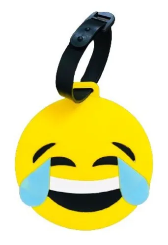 Etiqueta de maleta con forma de emoticono facial con lágrimas de alegría
