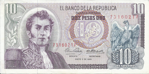 Colombia  10 Pesos Oro 2 Enero 1969