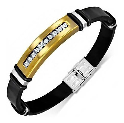 Pulsera De Acero Dorado Placa De Zirconias