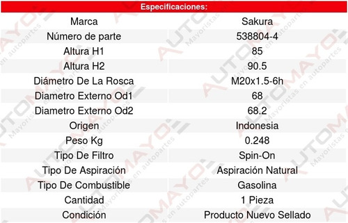 Filtro Aceite Dodge Stratus V6 3l 01 Al 05 Sakura 8638502