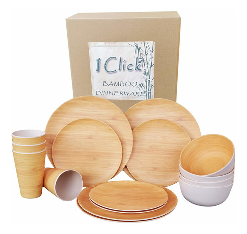 1 Click Bamboo Fiber Reusable Dinnerware Set, 16 Pieces For 