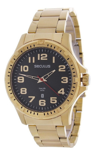 Relógio Masculino Dourado 5atm Long Life Seculus 24978