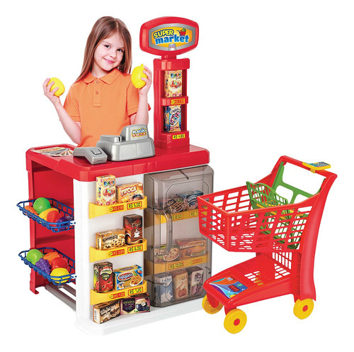 Mercadinho Infantil Completo C/ Carrinho Cor Vermelho Magic Toys