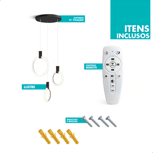 Lustre Luminária De Led 3 Argolas Duplo Alto Moderno para escada mesa de jantar sala Cor Preto 127/220V 47W 127/220V Casa Attract