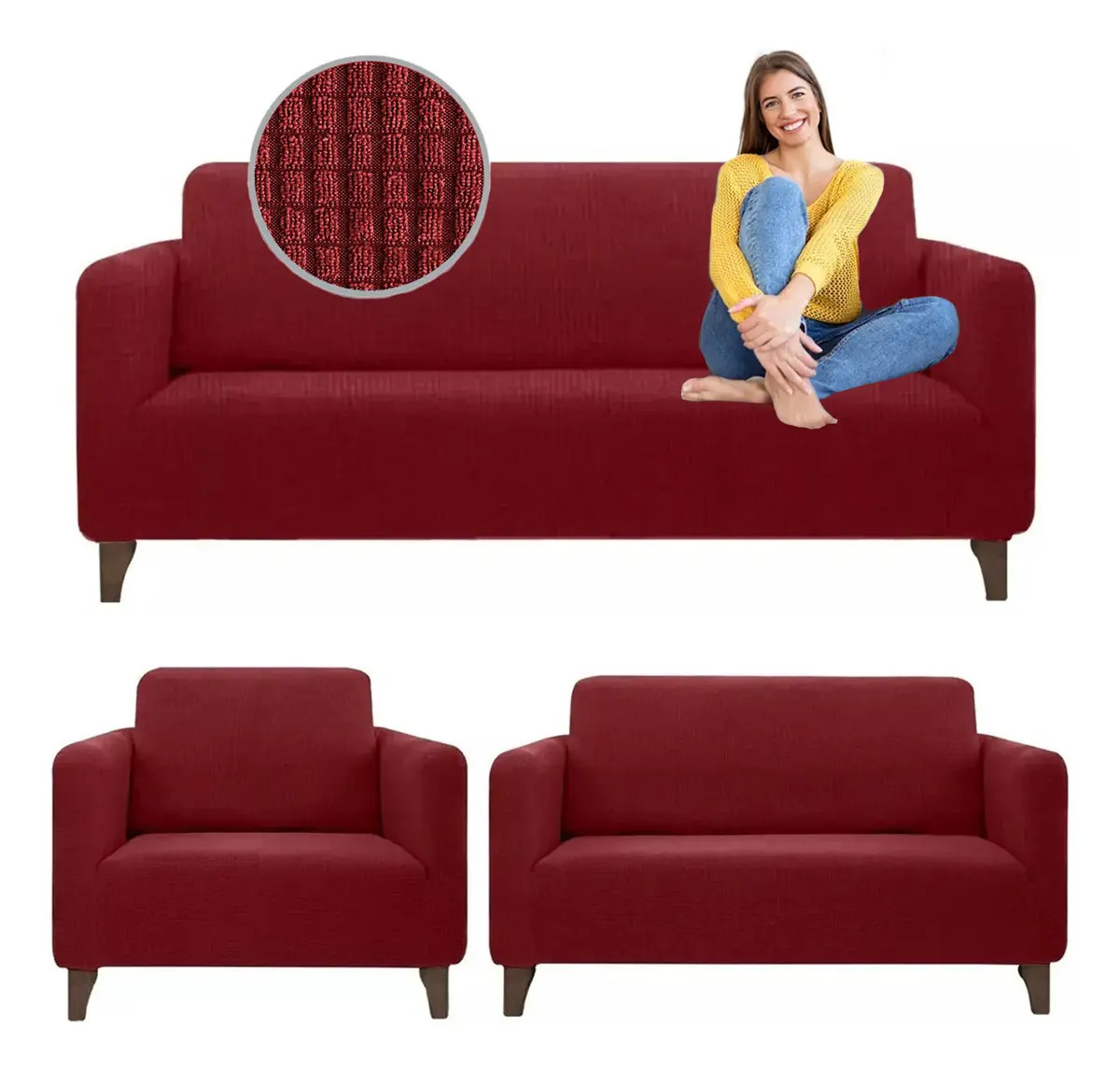 Funda cubre sillones de sala sofá ajustable Wesell Stretch 3 piezas color vino liso