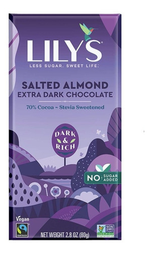 Lily´s Chocolate Almendra Salada Oscuro 70% Stevia 80g Se