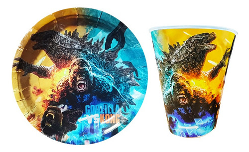 Godzilla Kong Fiesta 10 Platos + 10 Vasos Desechables 