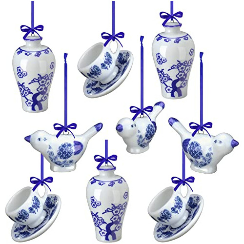 9 Piezas Chinoiserie Adornos Taza Azul De Porcelana Y A...
