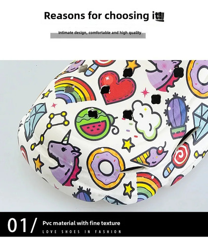 Zapatillas Con Agujero Para Mujer Cartoon Doodle, Estilo Cor