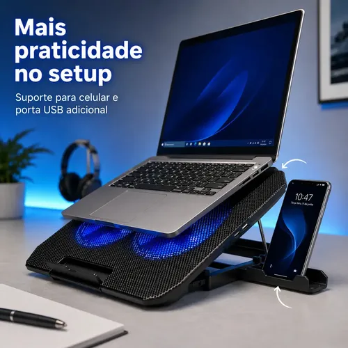 Suporte Notebook Dgx Base Mesa Led Refrigerada Ventilação 2 Cooler