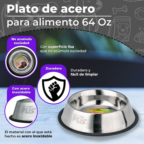 Plato De Acero Inoxidable Perro 64oz Fancy Antiderrapante Plata