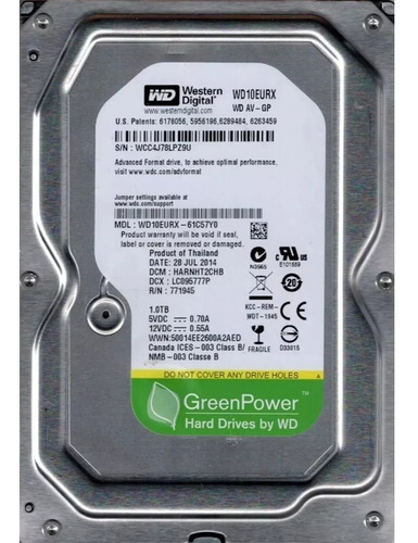 Hd 1tb Wd Western 7200 Rpm 3,5 Sata Pc Desktop Novo Garantia