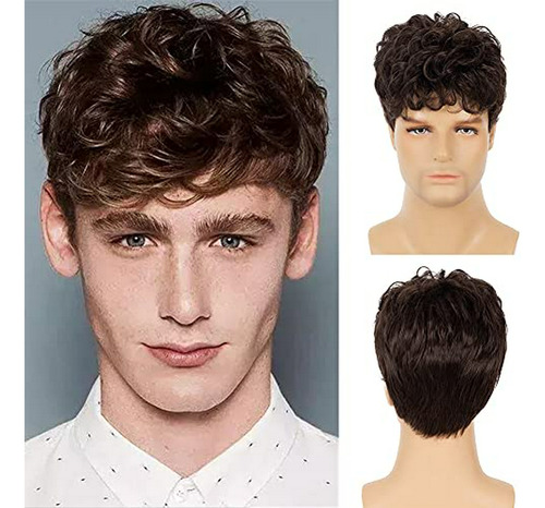 Peluca -  Men Brown Short Wigs Curly Fluffy Natural Syntheti