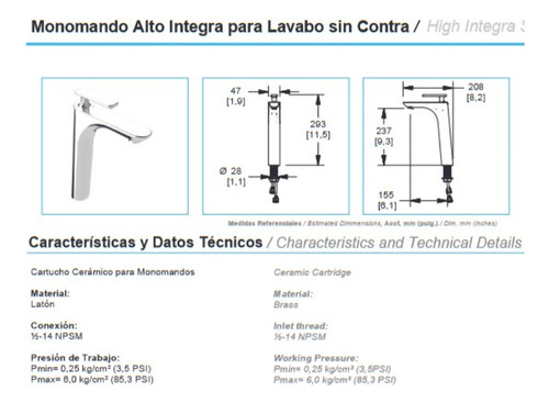 Monomando Para Lavabo Sin Contra Mo8x-inn-01 Proyecta