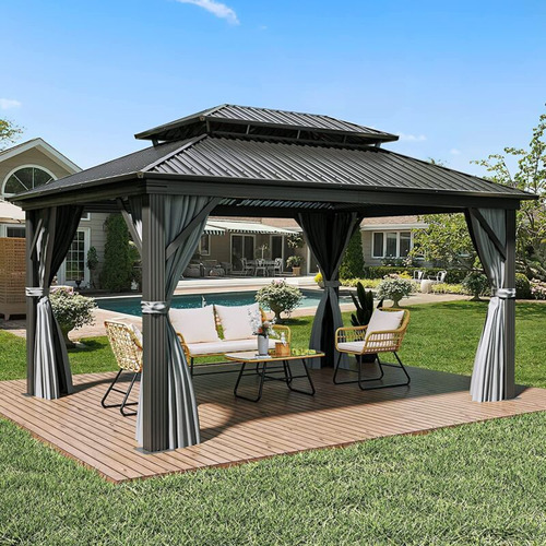 12x16ft Hardtop Gazebo With Nettings Curtains Double Roo Oac