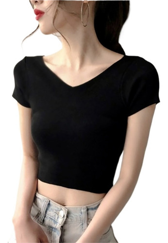 Camiseta Cuello V Doble Coreana Mc Ins For Mujeres Verano