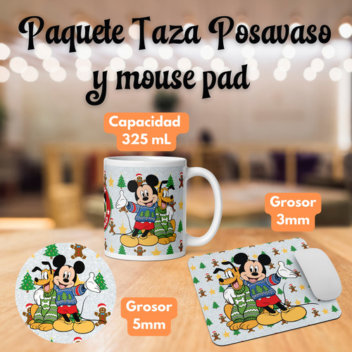 Taza Mouse Pad Y Posavaso Mickey Y Pluto Feliz Navidad Md4