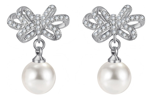 Pendientes De Perlas Blancas Con Lazo, Pendientes