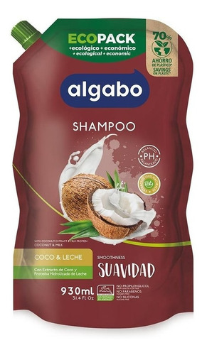Shampoo Suavidad Coco Y Leche Repuesto Ecopack 930ml Algabo 