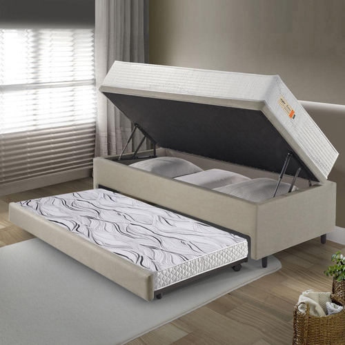 Bicama Box Baú Linho Bege 88x188 Com Colchão Ecoline D33