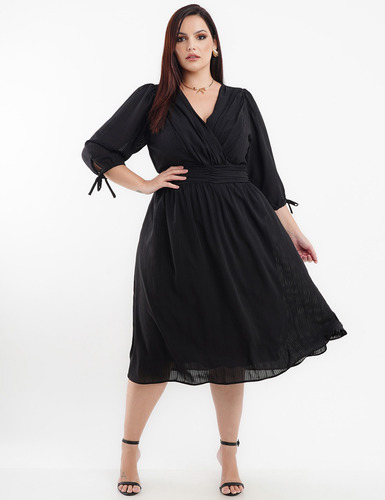 Vestido Midi Crepe Texturizado Dropeado Preto Dona Charme