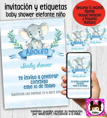 Invitación Baby Shower Niño Digital Imprimible Elefante