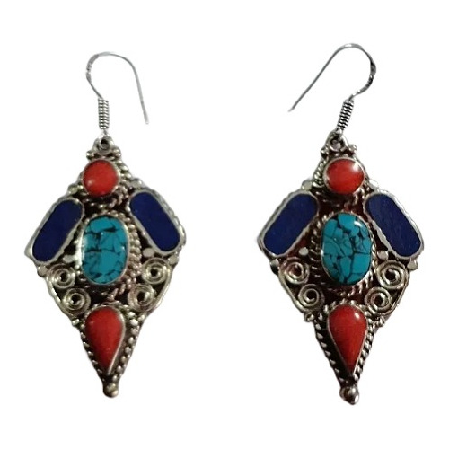 Aretes Con Piedras Turquesa Coral Lapislázuli, Modelo Etnico