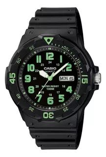 Reloj pulsera Casio Youth MRW-200 de cuerpo color negro, analógico, para hombre, fondo negro, con correa de resina color negro, agujas color blanco y verde, dial verde, minutero/segundero verde, bisel