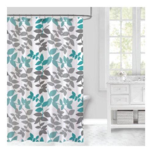 Set Combo Cortina Baño Estampada + Alfombra Shaggy + Ganchos Gris Oscuro