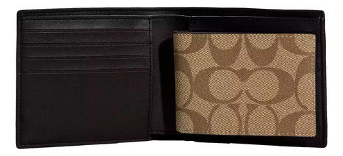 Cartera Coach Hombre Negra Cuero Signature Con Tarjetero Color Marrón Oscuro