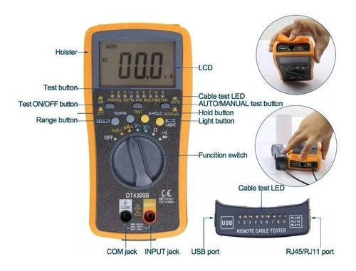Imagen 3 de 10 de Tester Multimetro Mapeador Redes Dt4300b Rj45 Rj11 Usb Baw